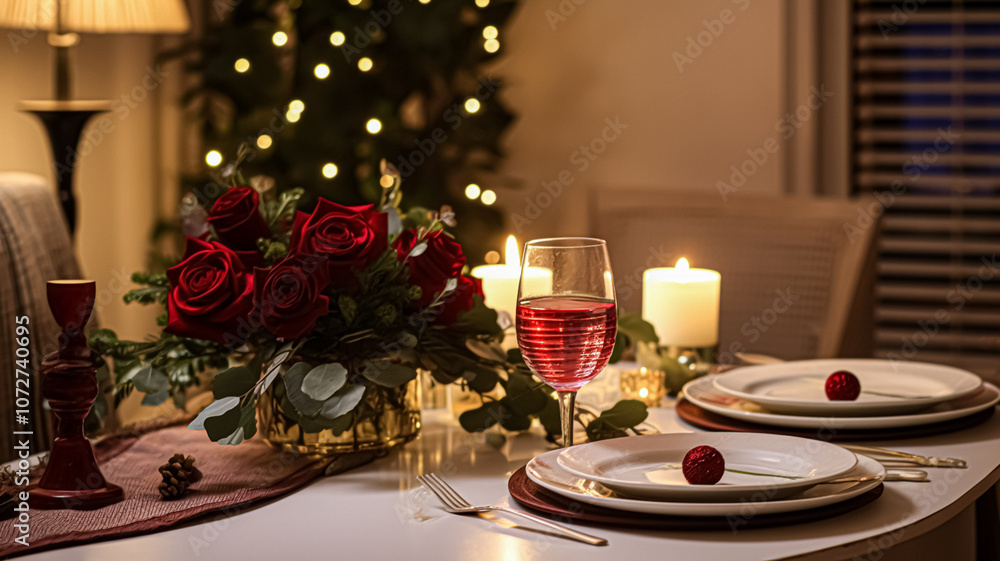 Naklejka premium Festive date night tablescape idea, dinner table setting for two and Christmas, New Year, Valentines day decor, English countryside home styling