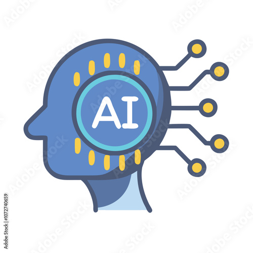 AI integrated human head illustration, Illustration of a blue human head with integrated AI symbol and connected circuits, representing artificial intelligence and advanced technology.
