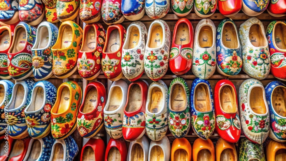 A vibrant display of traditional Dutch wooden shoes, each meticulously painted with intricate floral patterns, showcasing the artistry and craftsmanship of the Netherlands. A vibrant display of traditional Dutch wooden shoes, each meticulously painted with intricate floral patterns, showcasing the artistry and craftsmanship of the Netherlands.