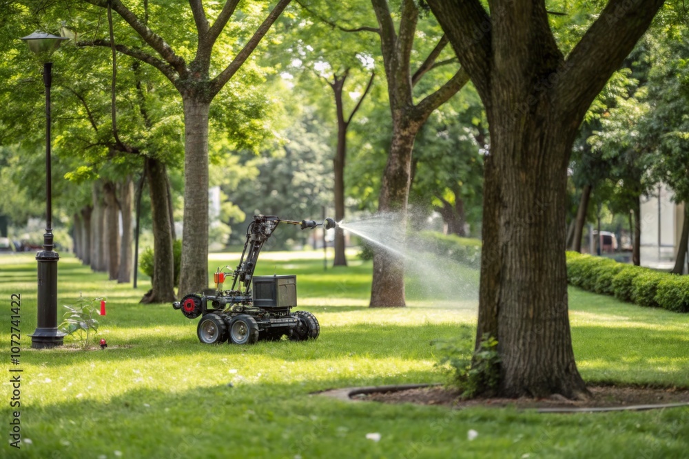 Robotic sprayer operating in a lush park to maintain the health of trees during a sunny afternoon Robotic sprayer operating in a lush park to maintain the health of trees during a sunny afternoon