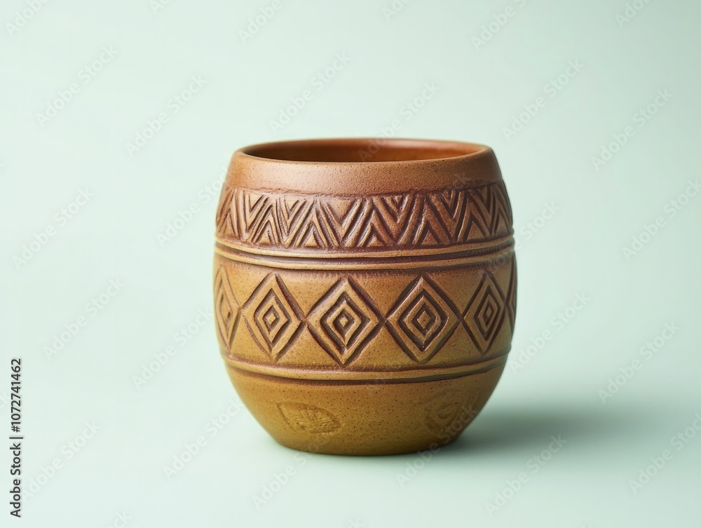 Artisan clay cup showcasing embossed tribal patterns with a gradient two-tone finish and a vibrant solid color backdrop. Artisan clay cup showcasing embossed tribal patterns with a gradient two-tone finish and a vibrant solid color backdrop.