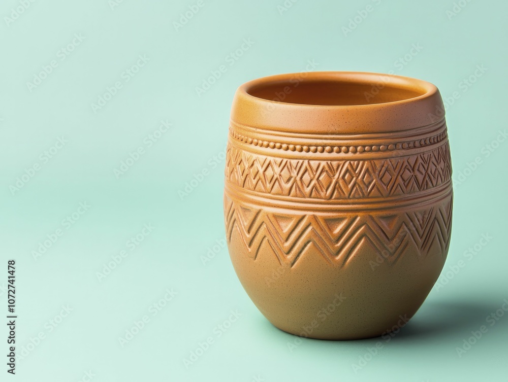 Artisan clay cup showcasing embossed tribal patterns and a vibrant two-tone gradient glaze, set against a rich solid color backdrop. Artisan clay cup showcasing embossed tribal patterns and a vibrant two-tone gradient glaze, set against a rich solid color backdrop.