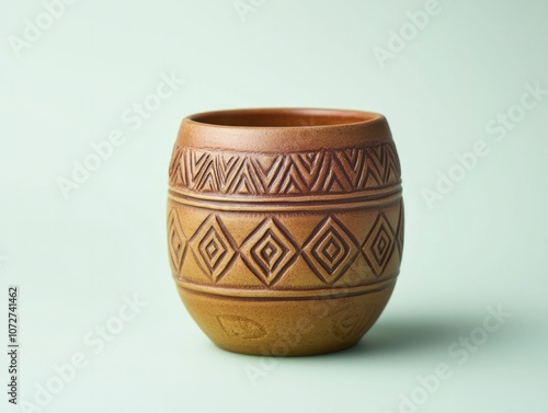 Artisan clay cup showcasing embossed tribal patterns with a gradient two-tone finish and a vibrant solid color backdrop.