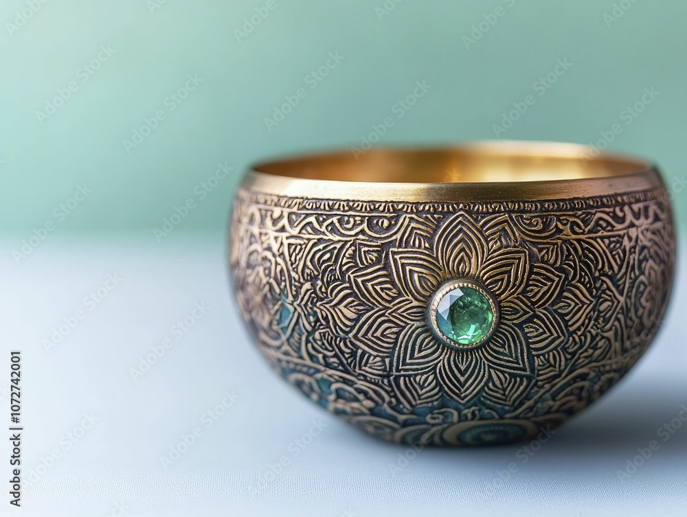 Meditation bowl featuring detailed mandala engravings, a radiant gemstone at its core, against a vivid single-color backdrop. Meditation bowl featuring detailed mandala engravings, a radiant gemstone at its core, against a vivid single-color backdrop.