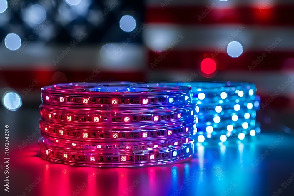 LED strip lights creating patriotic red and blue glow against blurred American flag background, perfect for holiday decorations and celebration themes. LED strip lights creating patriotic red and blue glow against blurred American flag background, perfect for holiday decorations and celebration themes.