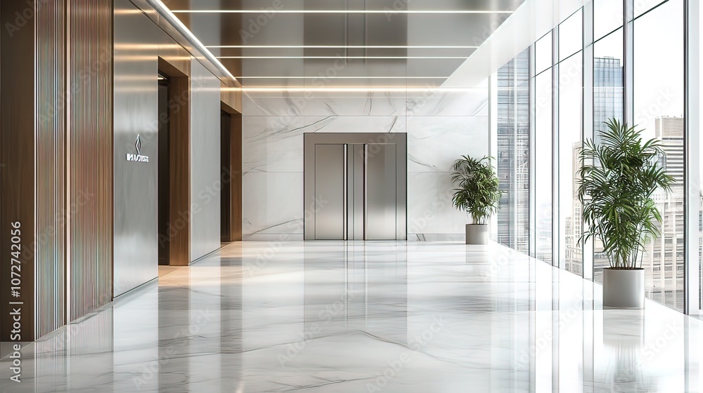 Modern and bright office hallway with marble floors and large windows. Modern and bright office hallway with marble floors and large windows.