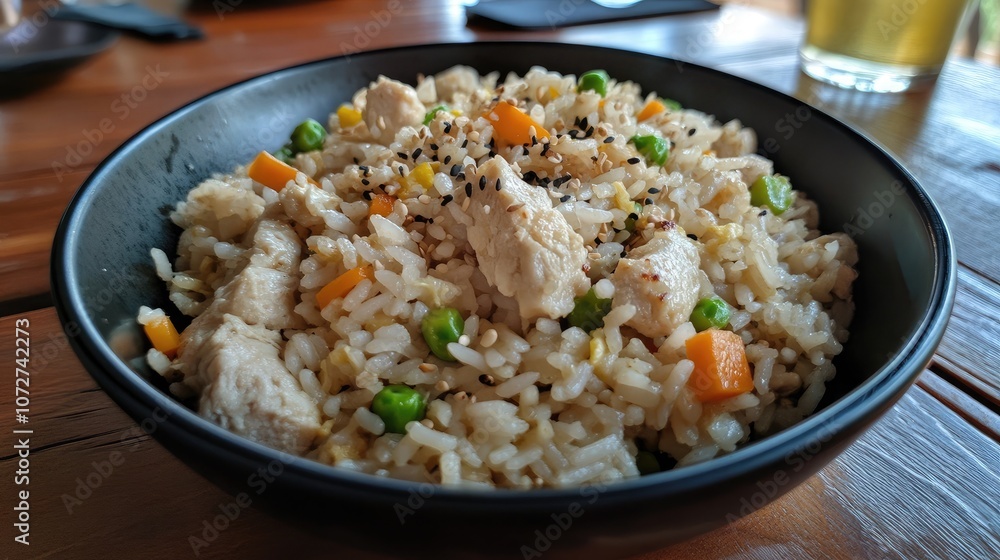 Delicious Chicken Fried Rice in Black Bowl Delicious Chicken Fried Rice in Black Bowl