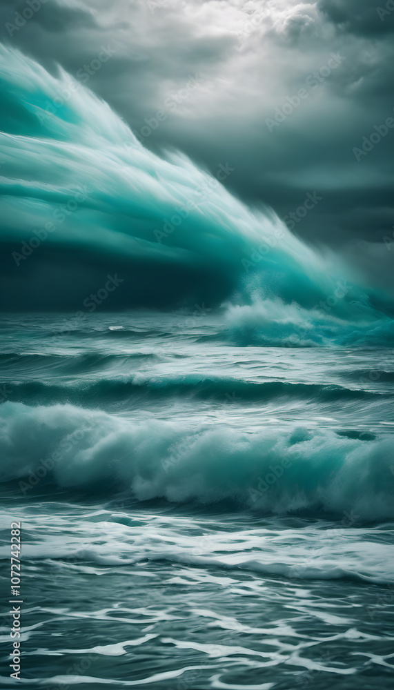 Dramatic ocean waves under a stormy sky with dark clouds. Dramatic ocean waves under a stormy sky with dark clouds.