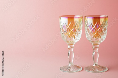 Vintage toasting goblets featuring iridescent glass patterns, hand-painted geometric designs, vibrant coral backdrop. photo