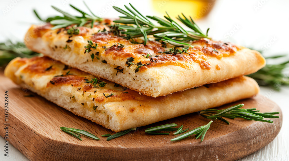 Freshly baked flatbread topped with herbs, showcasing golden crust and soft interior. Perfect for sharing or enjoying as snack Freshly baked flatbread topped with herbs, showcasing golden crust and soft interior. Perfect for sharing or enjoying as snack