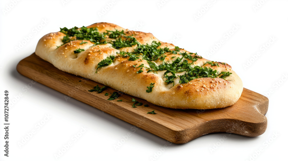 Freshly baked flatbread topped with herbs, served on wooden board, showcasing delicious and inviting appearance. Perfect for sharing or enjoying alone Freshly baked flatbread topped with herbs, served on wooden board, showcasing delicious and inviting appearance. Perfect for sharing or enjoying alone
