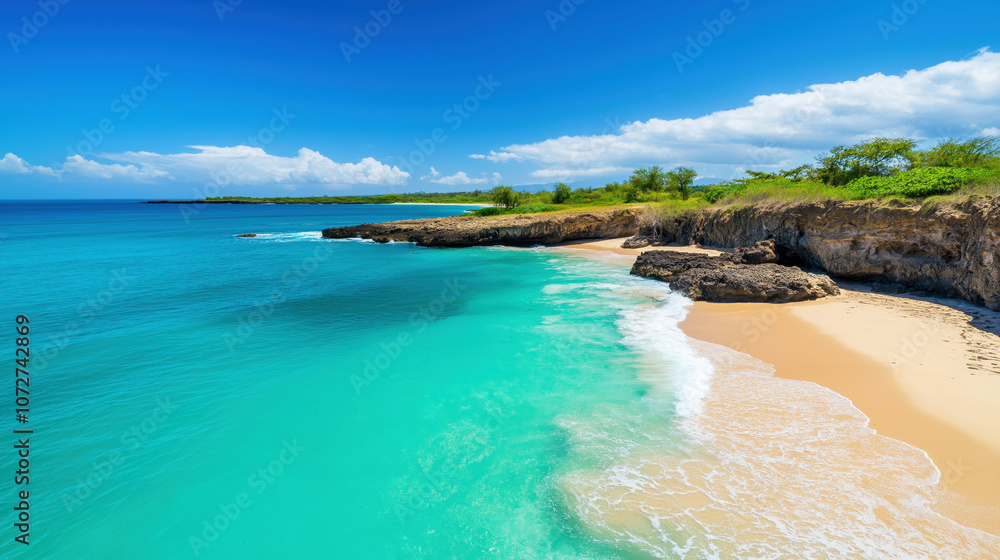 Turquoise Ocean Beach with Cliffs and Lush Coastline, Scenic Tropical Landscape for Travel and Nature Lovers Turquoise Ocean Beach with Cliffs and Lush Coastline, Scenic Tropical Landscape for Travel and Nature Lovers