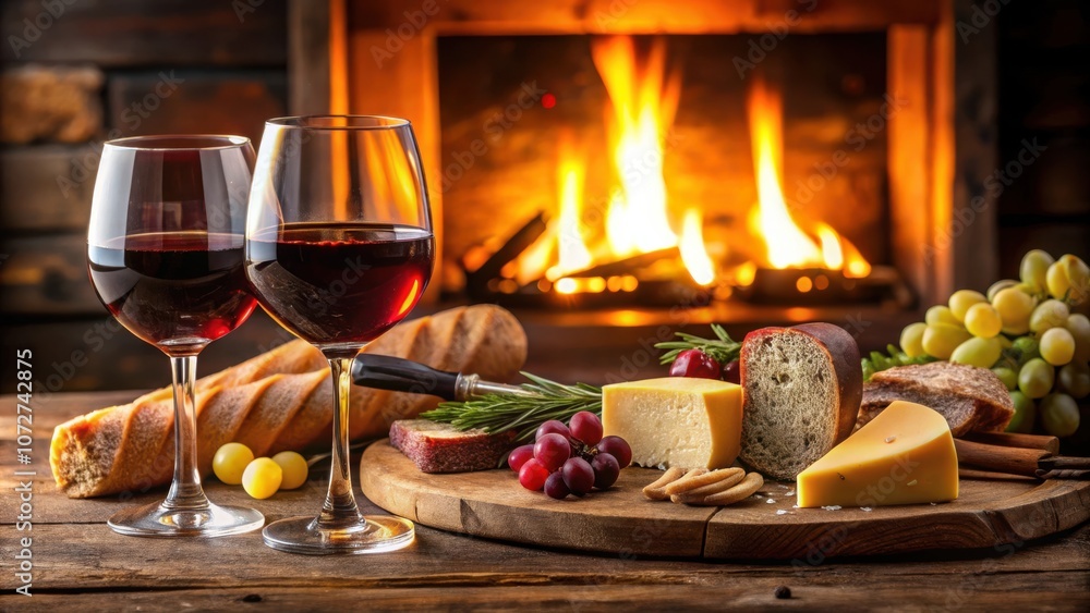 Two glasses of red wine with cheese, bread, and grapes on a wooden board in front of a fireplace Two glasses of red wine with cheese, bread, and grapes on a wooden board in front of a fireplace