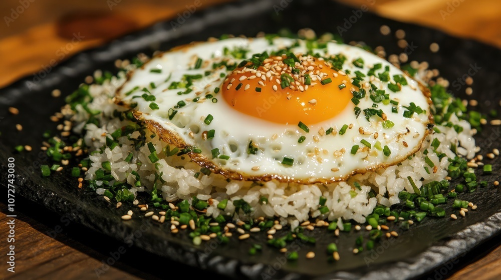 Delicious Fried Egg on Rice with Sesame and Chives Delicious Fried Egg on Rice with Sesame and Chives