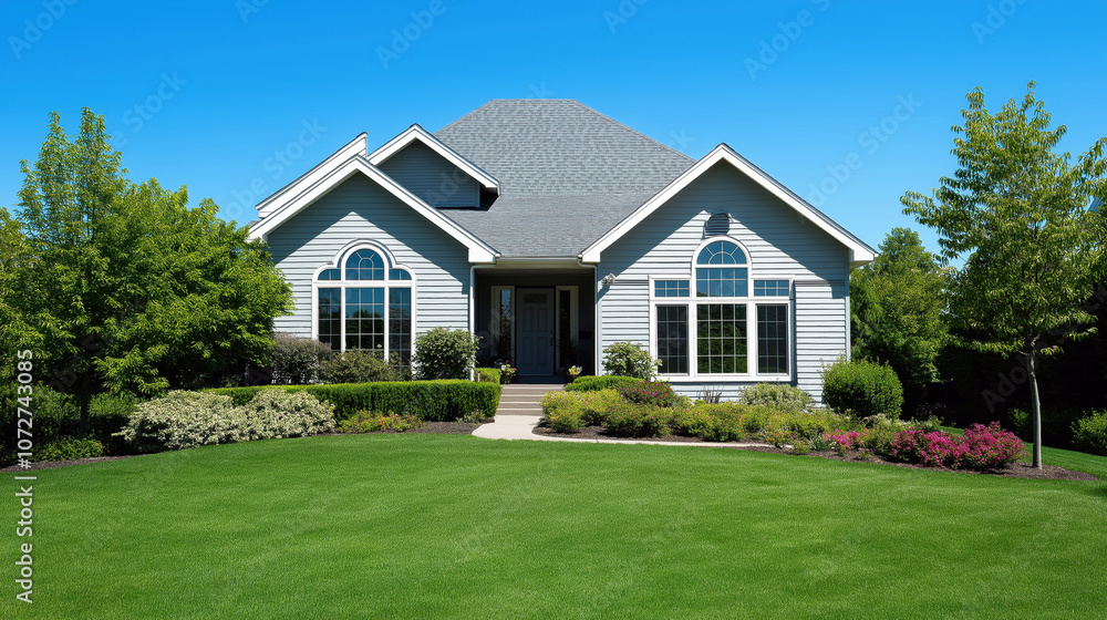 Obraz premium Classic Ranch Home with Manicured Lawn and Greenery, Suitable for Real Estate and Architectural Showcase