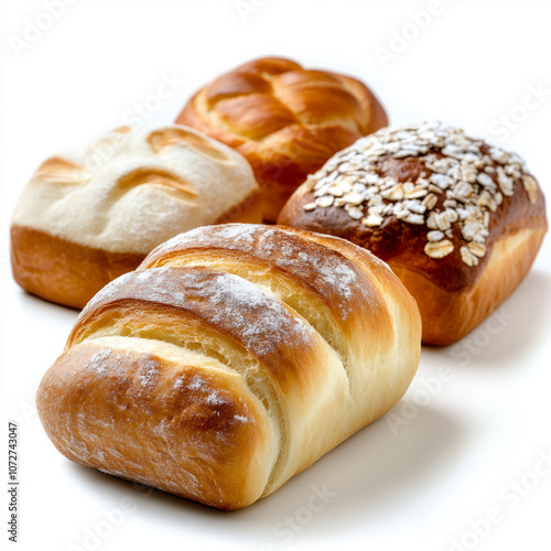 Freshly baked bread loaves including brioche, white, and oat topped varieties, showcasing glossy finish and inviting textures. Perfect for any bakery display