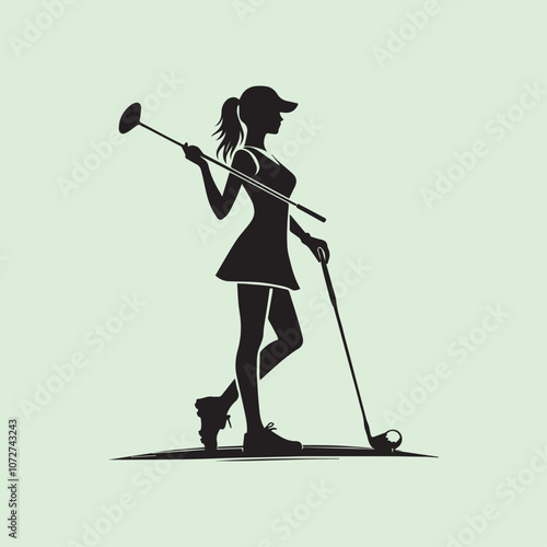 black woman golfer sport vector, Golfer woman silhouette vector icon black and white full body