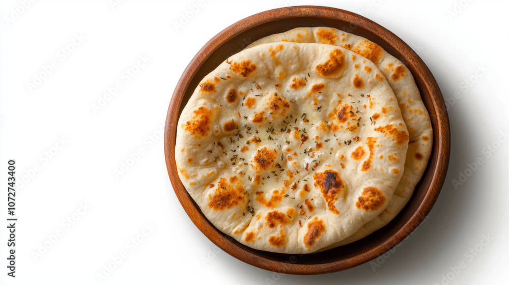 Freshly baked naan bread served in wooden bowl, showcasing its soft texture and golden brown spots, perfect for enjoying with various dishes Freshly baked naan bread served in wooden bowl, showcasing its soft texture and golden brown spots, perfect for enjoying with various dishes