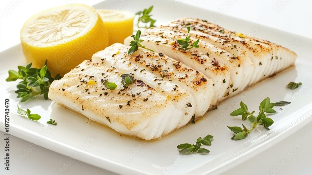 Grilled Fish with Lemon and Herbs on White Plate Grilled Fish with Lemon and Herbs on White Plate