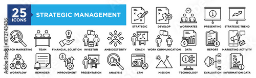 Strategic Management icon collection set. Containing design Strategic Planning, Develop Strategy, Check Workmates, Presenting Information, Strategic Trend