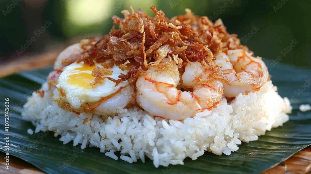 Delicious shrimp dish with rice and crispy topping Delicious shrimp dish with rice and crispy topping