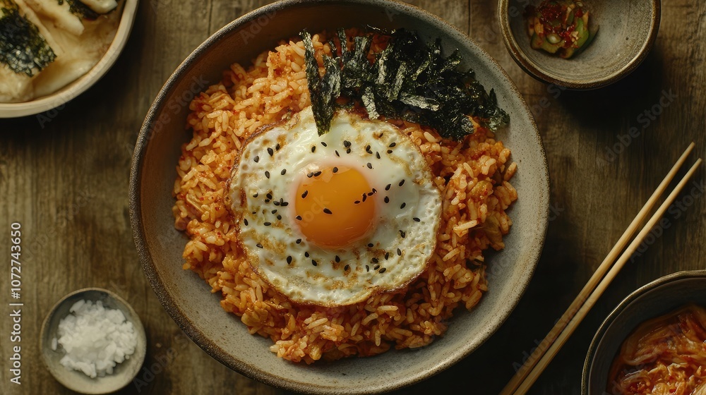Delicious fried rice with egg and seaweed topping Delicious fried rice with egg and seaweed topping
