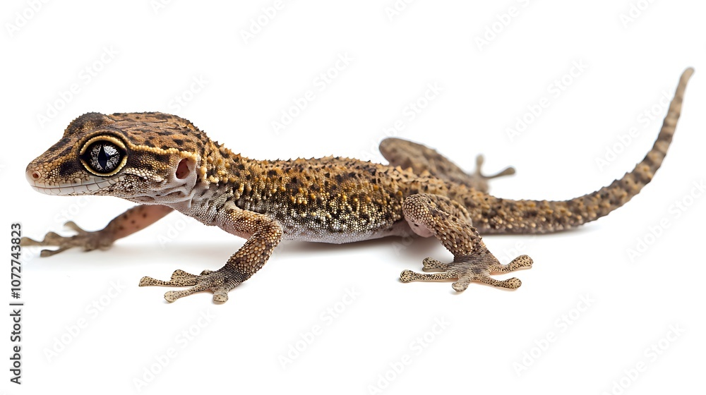 Naklejka premium Close-up of a Brown and Gray Gecko on a White Background