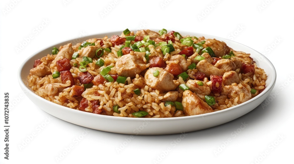 Delicious Chicken Fried Rice on a White Plate Delicious Chicken Fried Rice on a White Plate