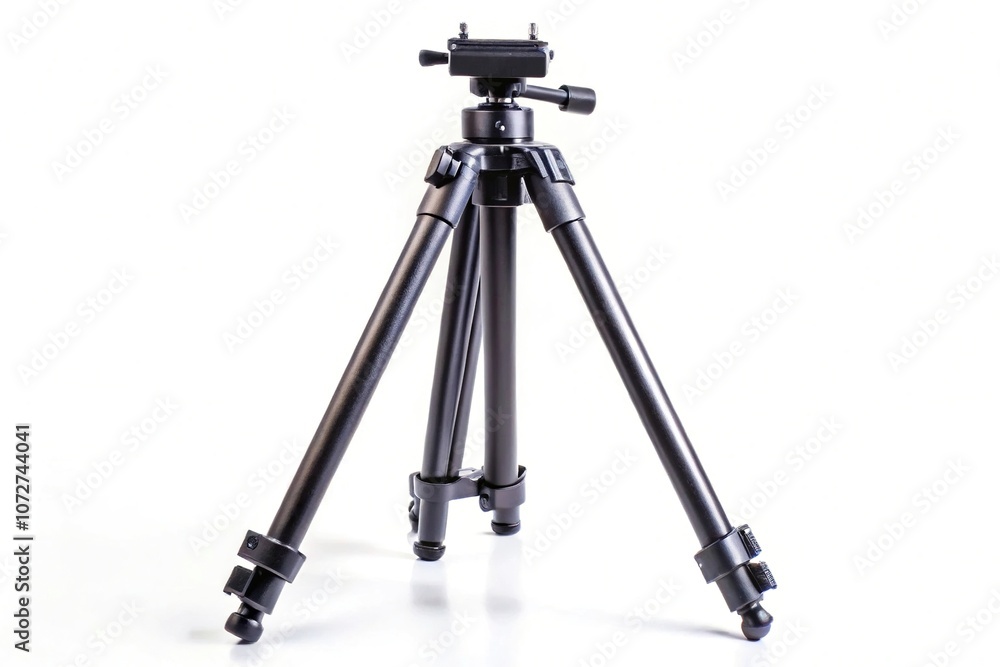 Black tripod isolated on white background with low angle perspective Black tripod isolated on white background with low angle perspective