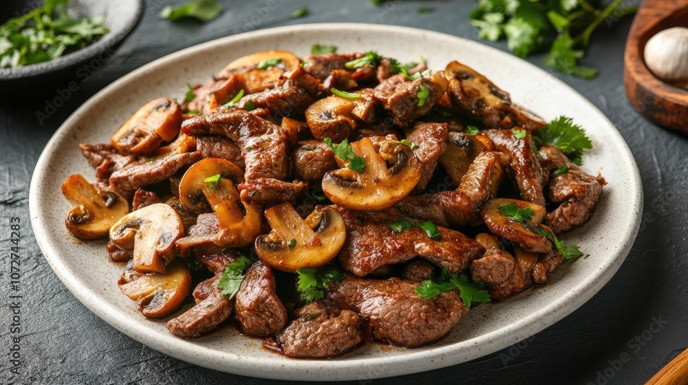 Sautéed Beef and Mushroom Dish on a Plate Sautéed Beef and Mushroom Dish on a Plate