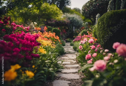 Wallpaper Mural A picturesque garden path lined with vibrant flowers in full bloom, creating a colorful and inviting scene. The stone pathway leads through lush greenery, surrounded by various types of flowers. Torontodigital.ca