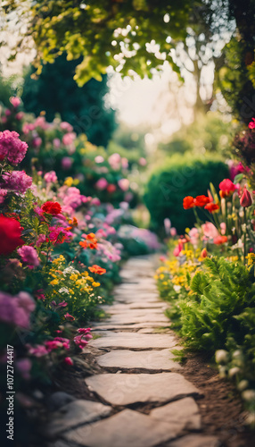 Wallpaper Mural A picturesque garden path lined with vibrant flowers in full bloom, creating a colorful and inviting scene. The stone pathway leads through lush greenery, surrounded by various types of flowers. Torontodigital.ca
