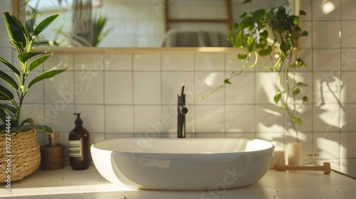 Sunlit Bathroom Sink with Plants and White Tiles