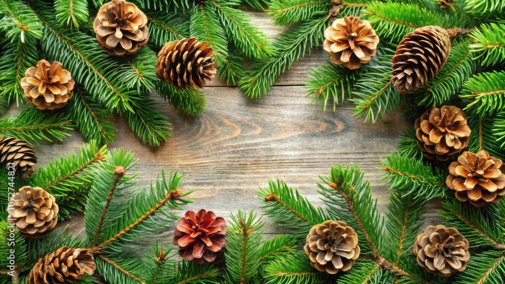 Fototapeta premium A festive backdrop with pine branches and cones arranged around a wooden surface, offering a natural and rustic charm.