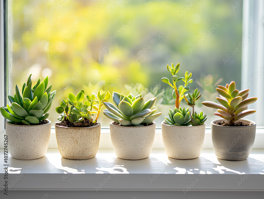 a series of small potted succulent plants sit in a neat row on a white window ledge. sunlight pours through, highlighting the rich greens a series of small potted succulent plants sit in a neat row on a white window ledge. sunlight pours through, highlighting the rich greens