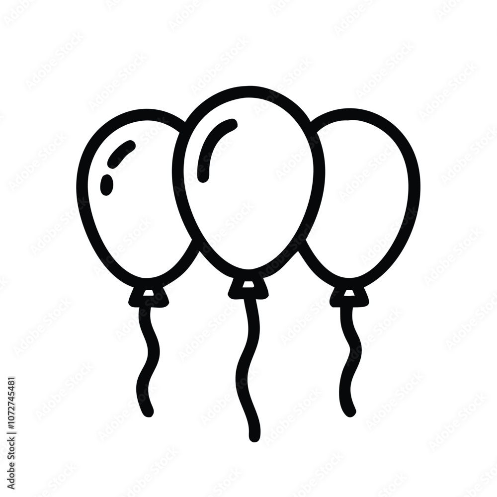 Three party balloons line art icon, Simple black and white line drawing of three balloons, ideal for party, celebration, and festive event designs. Three party balloons line art icon, Simple black and white line drawing of three balloons, ideal for party, celebration, and festive event designs.