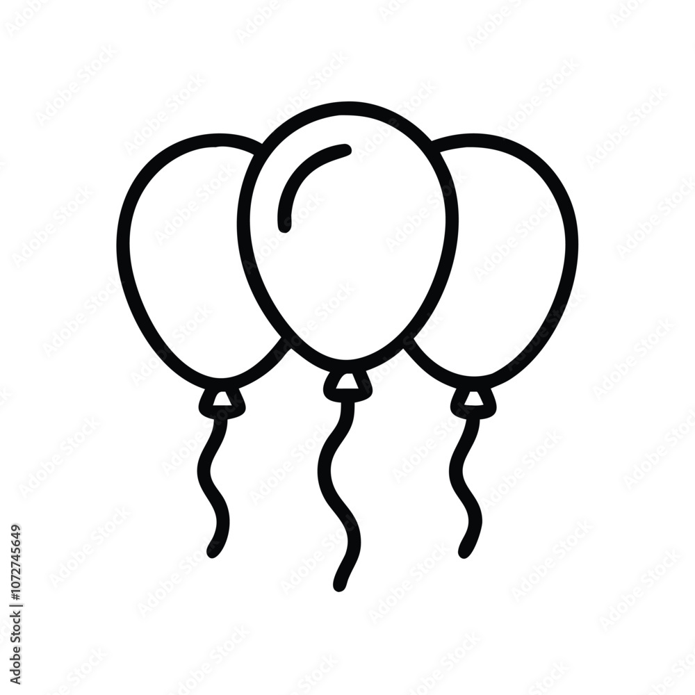 Three party balloons line art icon, Simple black and white line drawing of three balloons, ideal for party, celebration, and festive event designs. Three party balloons line art icon, Simple black and white line drawing of three balloons, ideal for party, celebration, and festive event designs.