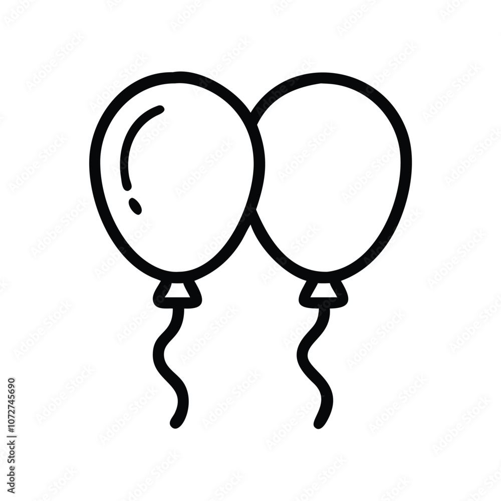 Two party balloons line art icon, Simple black and white line drawing of Two balloons, ideal for party, celebration, and festive event designs. Two party balloons line art icon, Simple black and white line drawing of Two balloons, ideal for party, celebration, and festive event designs.