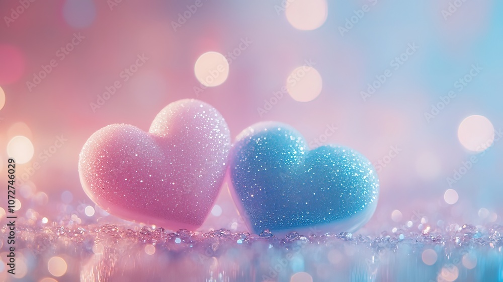 Two sparkly heart ornaments in pink and blue with bokeh lights in the background. Two sparkly heart ornaments in pink and blue with bokeh lights in the background.