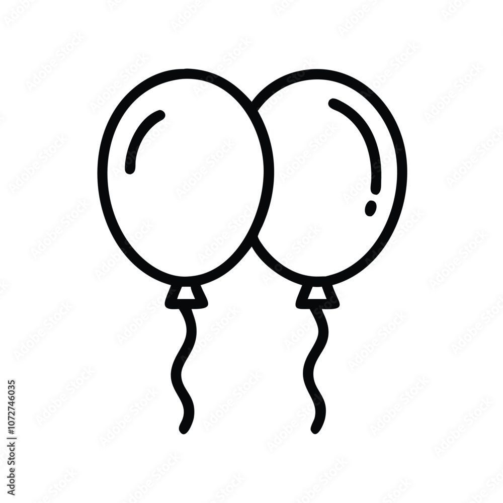 Two party balloons line art icon, Simple black and white line drawing of Two balloons, ideal for party, celebration, and festive event designs. Two party balloons line art icon, Simple black and white line drawing of Two balloons, ideal for party, celebration, and festive event designs.