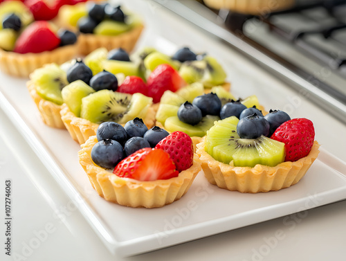 a white ceramic plate holds an assortment of colorful fruit pies topped with strawberries, blueberries, and kiwi slices on a clean kitchen counter top