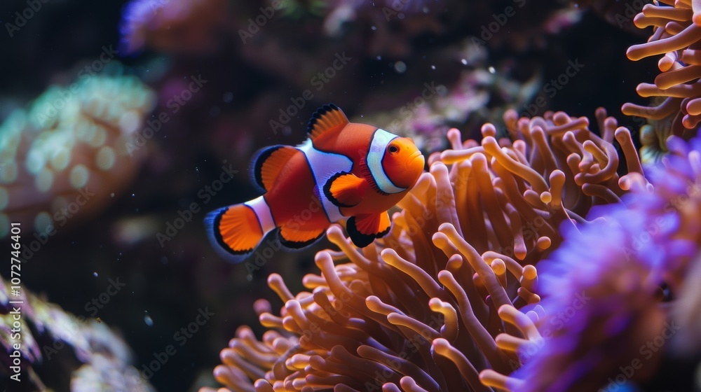 Obraz premium A contemporary take on a classic aquarium with sleek design elements and a pop of color from lively sea anemones and vibrant clownfish.