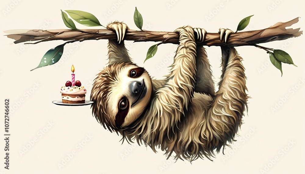 Obraz premium Sloth joyfully celebrates with a delicious birthday cake and candle on a tree branch