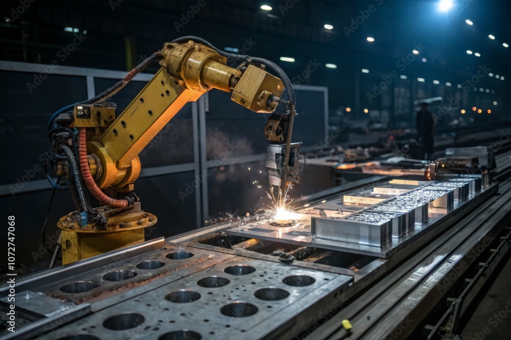 Automated welding process in a modern manufacturing facility during nighttime operations