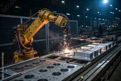 Obraz na płótnie Automated welding process in a modern manufacturing facility during nighttime operations w salonie