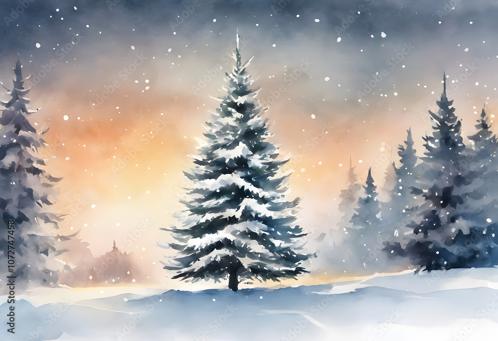A snow-covered evergreen tree stands in a winter forest, with softly falling snowflakes and a serene, misty background. A snow-covered evergreen tree stands in a winter forest, with softly falling snowflakes and a serene, misty background.