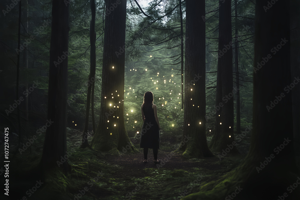 woman stands in the middle of a dense forest at twilight, with hundreds ...