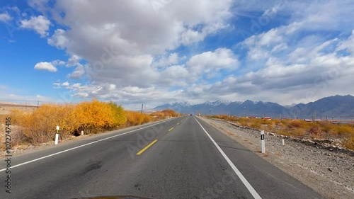 Driving on empty straight asphalt road with snowy mountains passing through salix forest with yellow golden foliage on sunny autumn day in G317 Xinjiang, China, POV from the car, 4k real time footage. photo