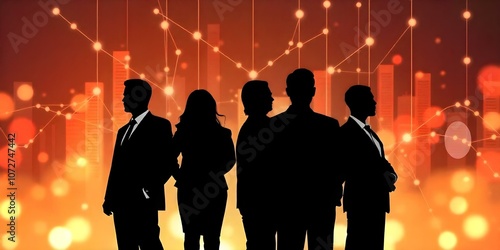 A group of 5 silhouetted business people standing in front of a glowing orange background with connected dots and lights