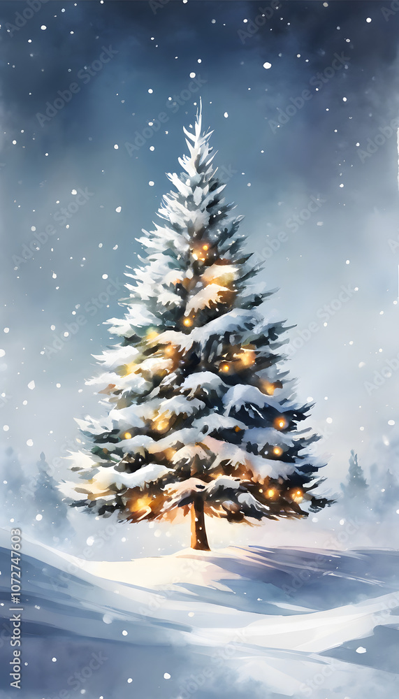 A snow-covered evergreen tree stands in a winter forest, with softly falling snowflakes and a serene, misty background. A snow-covered evergreen tree stands in a winter forest, with softly falling snowflakes and a serene, misty background.